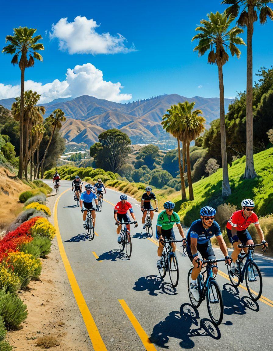 A vibrant scene featuring a diverse group of cyclists riding through a picturesque California landscape, with rolling hills and palm trees in the background. Include elements of community, such as cyclists high-fiving and sharing smiles, and showcase colorful bikes and biking gear. The sky should be bright blue with fluffy white clouds, capturing the sunny California vibe. This image should convey a sense of unity and passion for biking. super-realistic. vibrant colors. 3D.