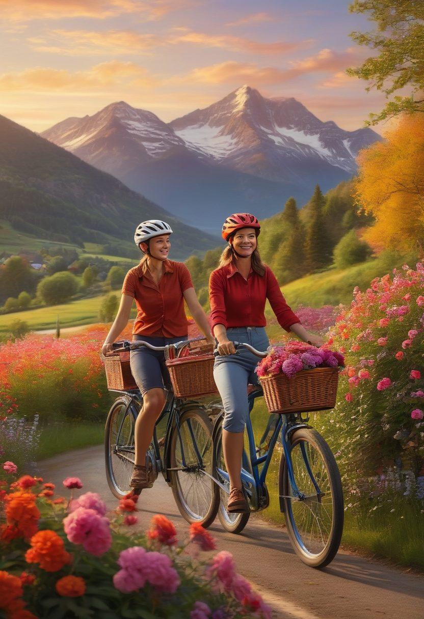 A couple enjoying a romantic bike ride at sunset, surrounded by blooming flowers and scenic mountains in the background. The image showcases essential cycling gear like matching helmets, colorful bicycle accessories, and a picnic basket on one bike. The atmosphere is warm and inviting, with a soft glow highlighting the couple's smiles. Include hearts subtly in the sky or on the bicycles. vibrant colors. super-realistic.