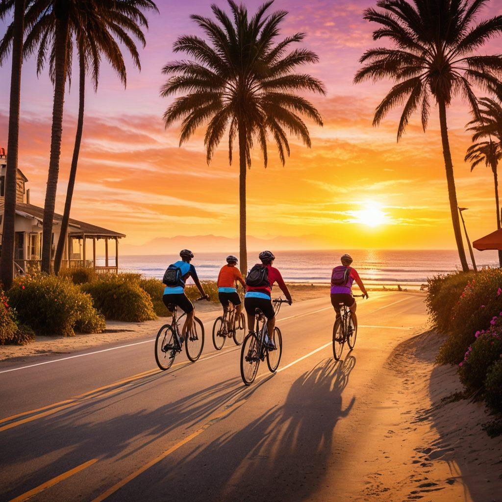 A scenic California coastline with a diverse group of cyclists, showcasing joyful expressions as they ride their bikes along the sun-drenched beach. The background should feature palm trees, vibrant sunset colors reflecting off the ocean, and charming small cafes providing a romantic ambiance. Captured in action, highlighting the spirit of camaraderie and adventure within the biking community. super-realistic. vibrant colors. 3D.